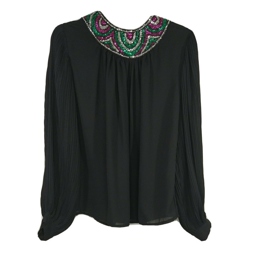 Vintage Jamboree Button Back Top Size 14 Black Embellished Neck Evening Party